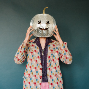 putting on diy disco pumpkin head